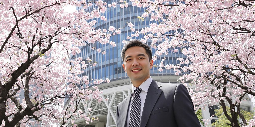 日本の高層ビルと桜の木