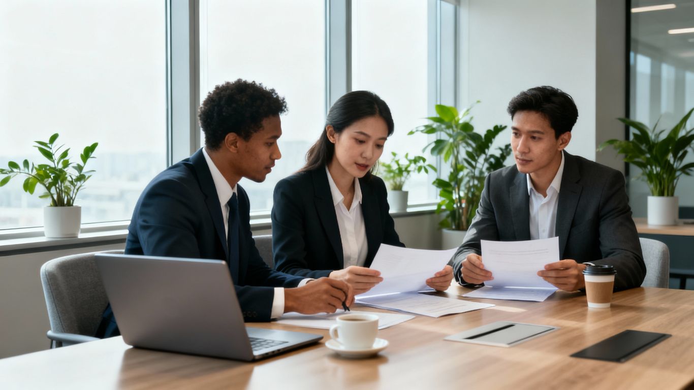 会議室でビジネスパーソンが書類を確認している