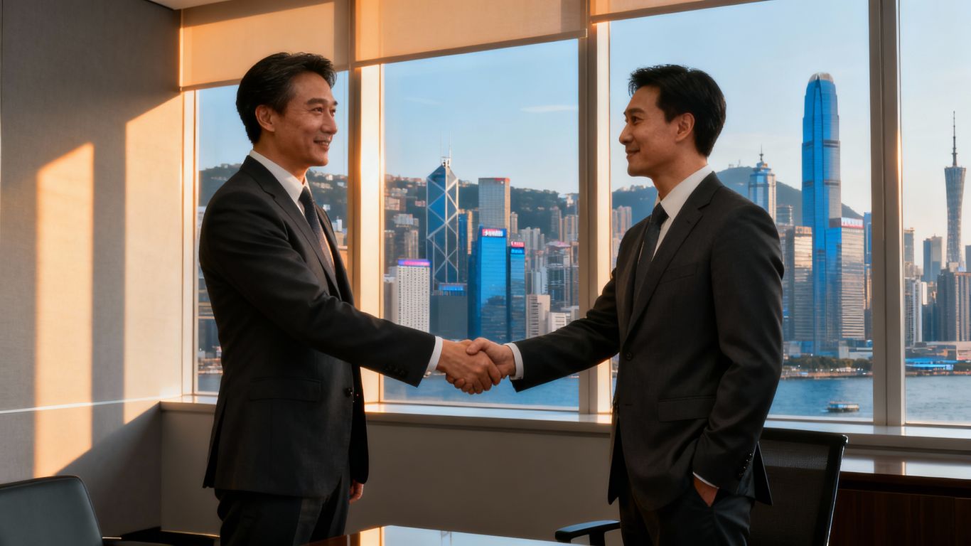 アジアの都市で経営者が握手する場面