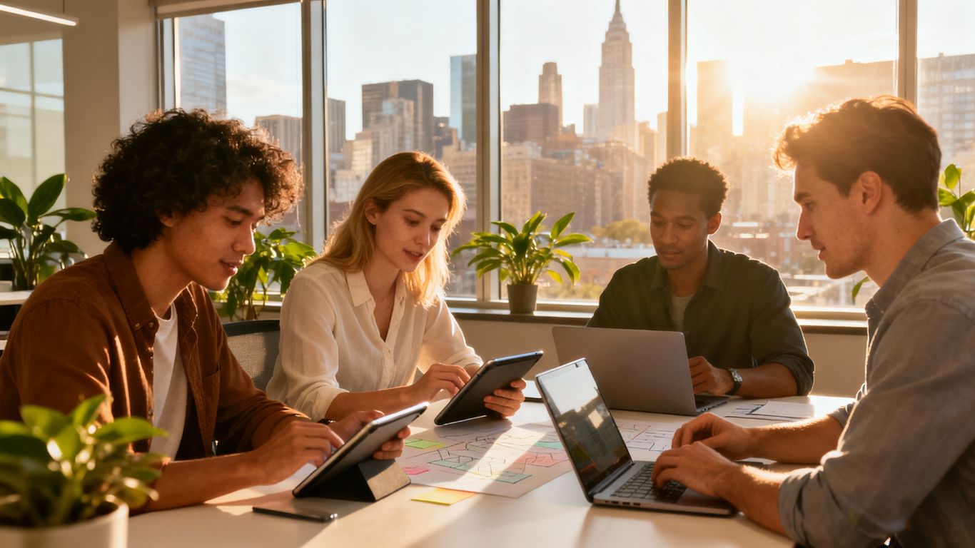 多様なビジネスパーソンが会議する現代オフィス