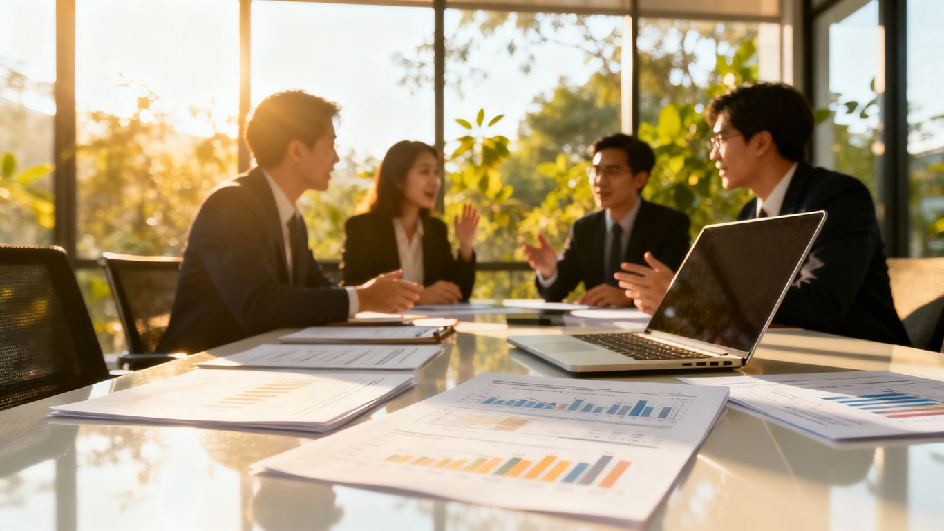 会議室でビジネス専門家が話し合う様子